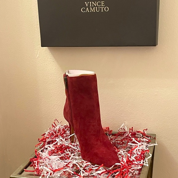 VINCE CAMUTO | Allost Fire Brick Suede Stiletto Booties - Picture 1 of 9